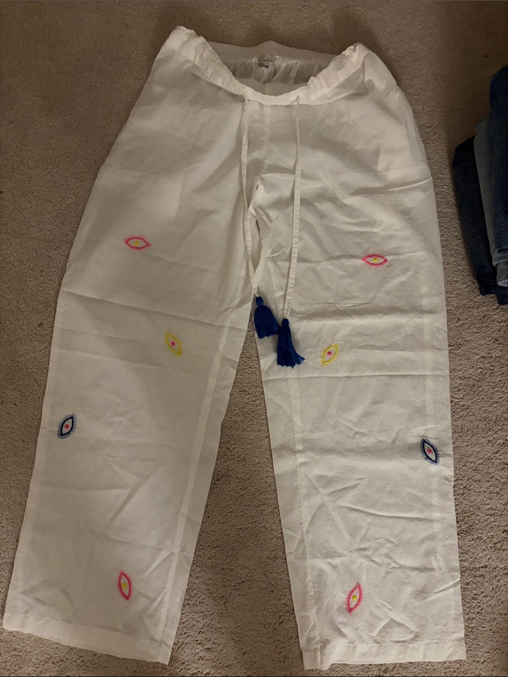 Women's White Embroidered Drawstring Casual Pants